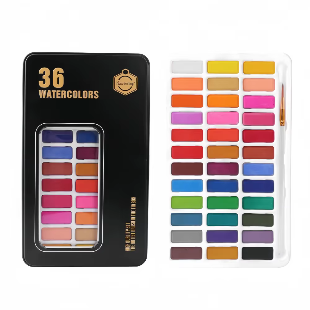 Keep Smiling Watercolor Cake Black Tin Box Set 12 18 24 36 Color
