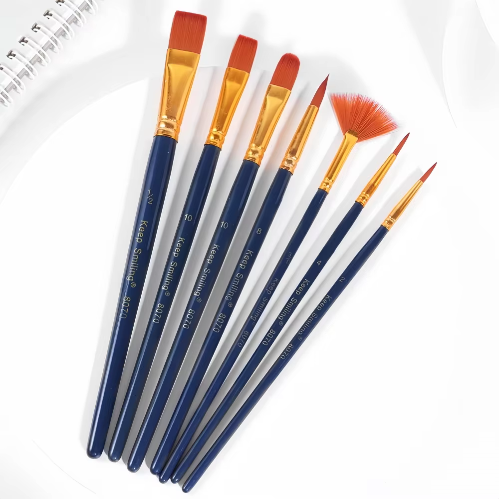 Keep Smiling 7 Pieces Nylon Hair Artist Painting Watercolor Gouache Brush Set Wooden Handle