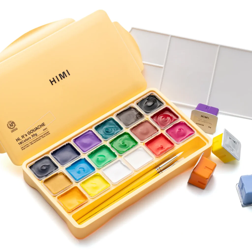 HIMI GOUACHE PAINT SET, JELLY CUP, 30G/18COLORS,YELLOW COVER